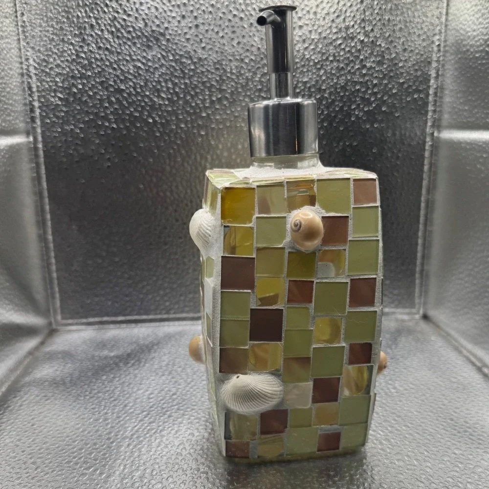 Mosaic‎ Glass Soap Dispenser Seashell Coastal Beach Decor Green Amber Brown Tile